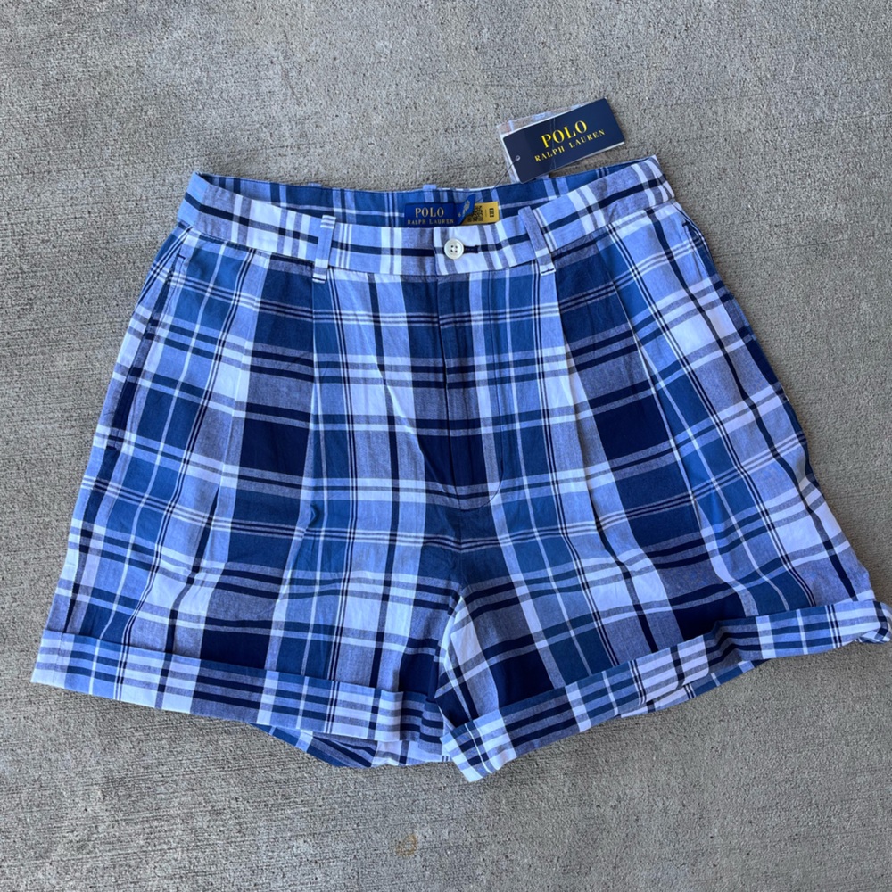 Polo Ralph Lauren blue white plaid boxer style trouser shorts NWT high waisted